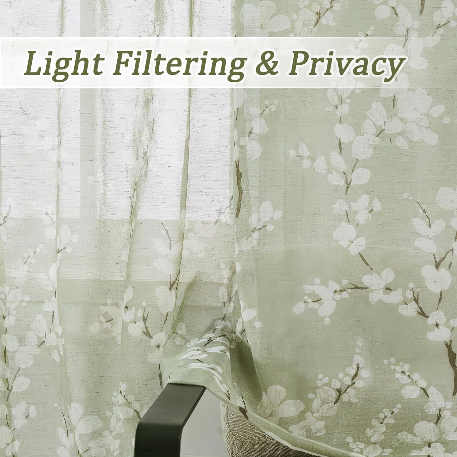 Linen Sheer Curtains for Bedroom, Sage Green Blossom Print Curtains 63 Inch Length for Living Room, Floral Patterned Farmhouse Curtain Light Filtering Window Drapes 2 Panels, Rod Pocket