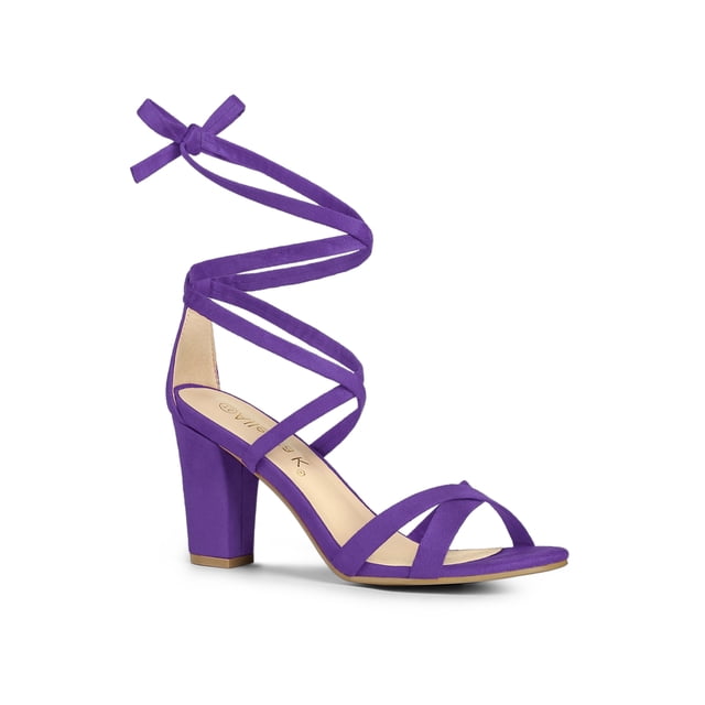 BLISSFUL STEP Women's Sandals High Block Heels Solid Color Lace up Sandals Purple 8.5