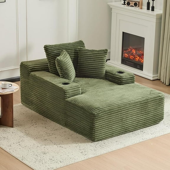Hforesty Chaise lounge chair indoor, Boneless Couches for Living Room with 2 Cup Holder,Cloud single sofa bed ,No Assembly Required,GREEN(Corduroy)