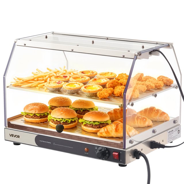 VEVOR 2-Tier Commercial Food Warmer Display with a 48L capacity, featuring a stainless steel base, clear acrylic double-sided doors, and two removable shelves. The warmer includes a built-in light to enhance food presentation and an adjustable temperature range of 85℉ to 185℉. Ideal for displaying and keeping food warm in bakeries, cafés, and convenience stores. Shown with various food items like burgers, croissants, fries, and pastries.