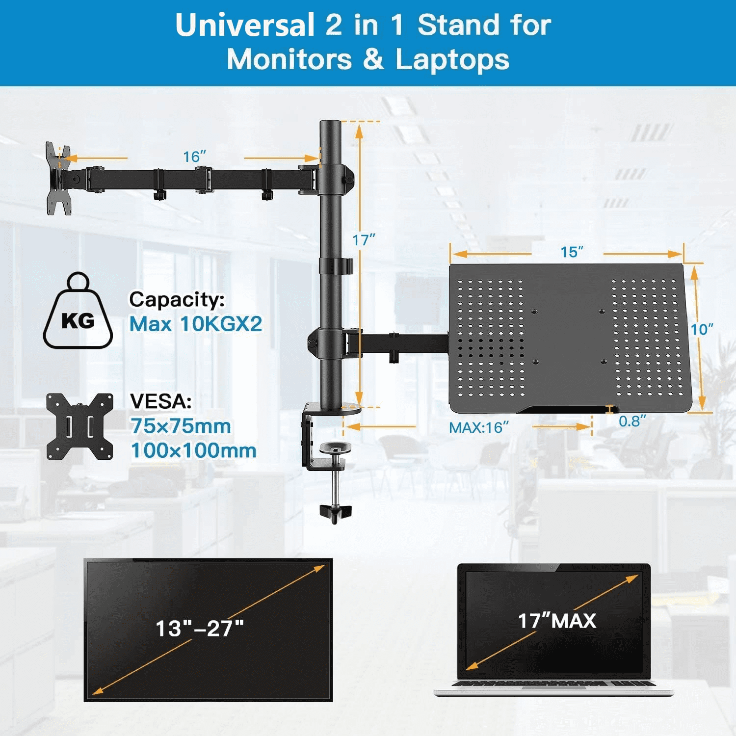 Laptop Mount with Keyboard Tray, Adjustable Monitor Desk Stand with Clamp  and Grommet Mounting Base for 13 to 27 Inch LCD Computer Screens Up to  22lbs, Notebook up to 15.6”, Black 