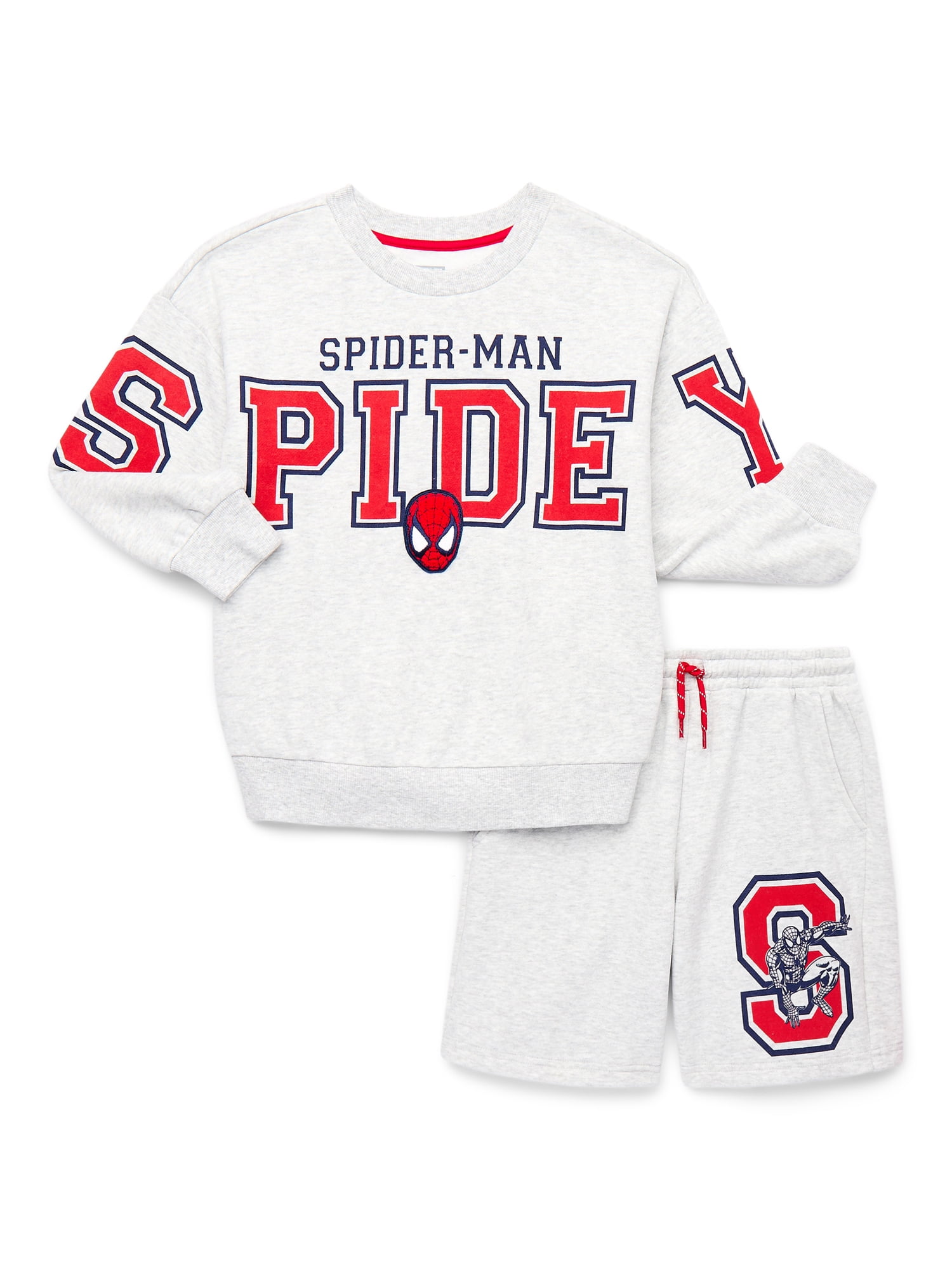 Spider-Man Boys Long Sleeve Graphic Crewneck Sweatshirt with Matching Short, 2-Piece Set, Sizes 4-12