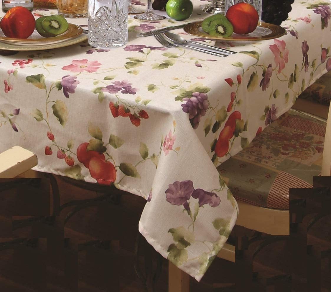 Beige/Multi Violet Linen European Orchard Fruits Pattern Polyester Woven Printed Fabric Tablecloth 52 X 70