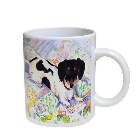 

KuzmarK Coffee Cup Mug Pearl Iridescent White - Tricolor Miniature Dachshund Art by Denise Every