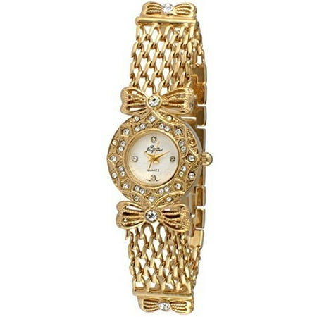 14K Gold Plated Ladies Bow & Crystal Chain Bracelet Dress Watch