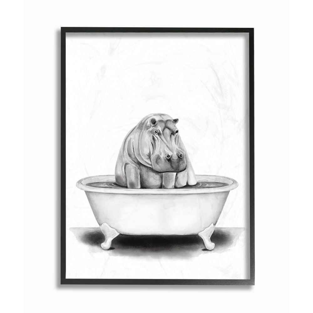 Stupell Industries Hippo In A Tub Funny Animal Bathroom Drawing Framed