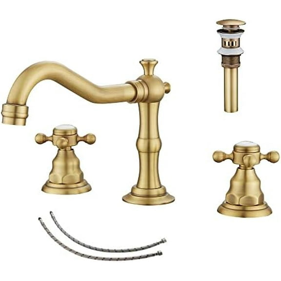 2 Handles 3 Holes Faucet Widespread Bathroom Sink Faucet Antique Brass Basin Tap Mixer Supply Hose Included Matching Metal Pop Up Drain