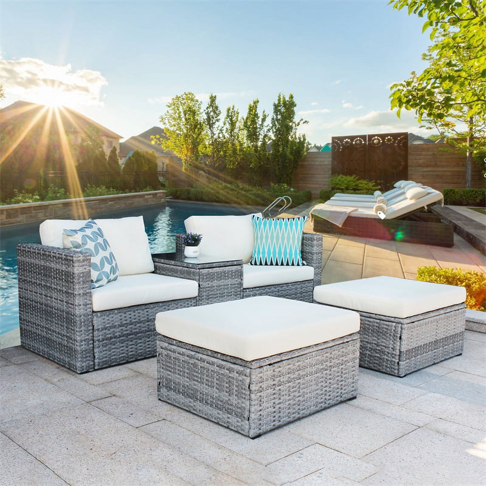 5 Pieces Outdoor Patio Sectional Sofa Set, Gray Rattan and Beige Cushion with Weather Protecting Cover, Patio Sofa Sets with 2 Rattan Chairs, 2 Pieces Patio Rattan Ottomans and Coffee Table - image 2 of 7