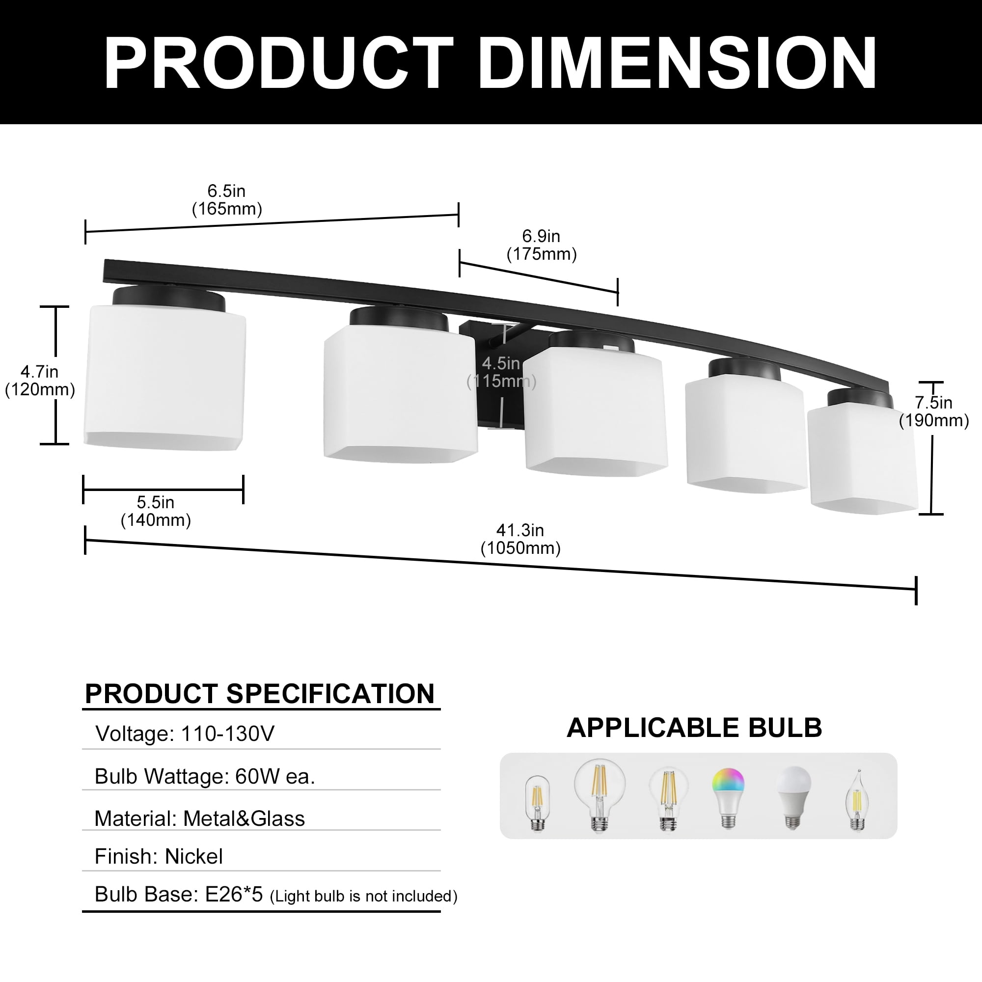 Briignite 5-Light Bathroom Light Fixture with Milk Glass Shades, Modern Stylish Vanity Lighting Fixtures for Bathroom, Black and White