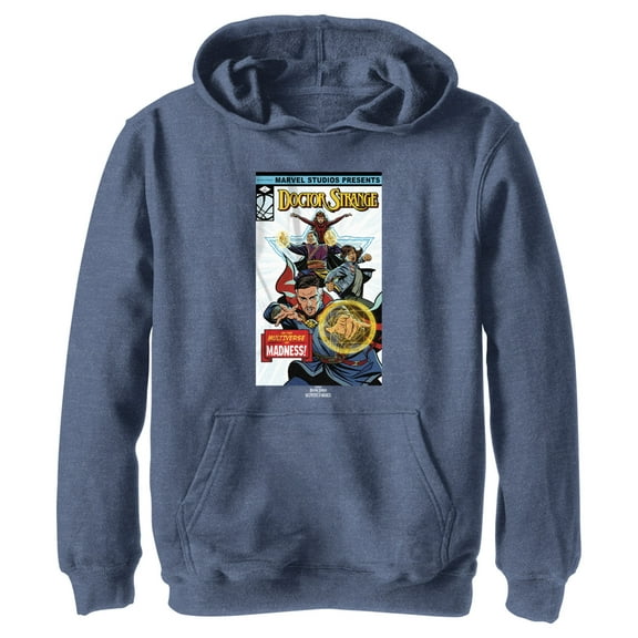 Boy's Marvel Doctor Strange in the Multiverse of Madness Comic Cover Pull Over Hoodie Navy Blue Heather Large