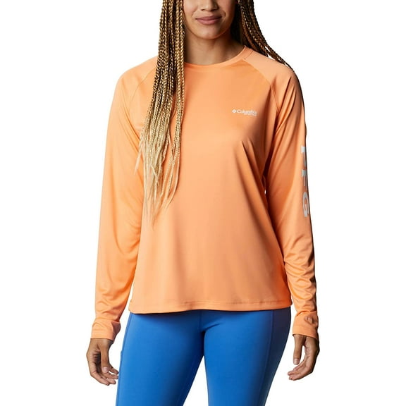 Columbia Womens PFG Tidal Tee II UPF 50 Long Sleeve Fishing Shirt 1X Bright Nectar/White Logo