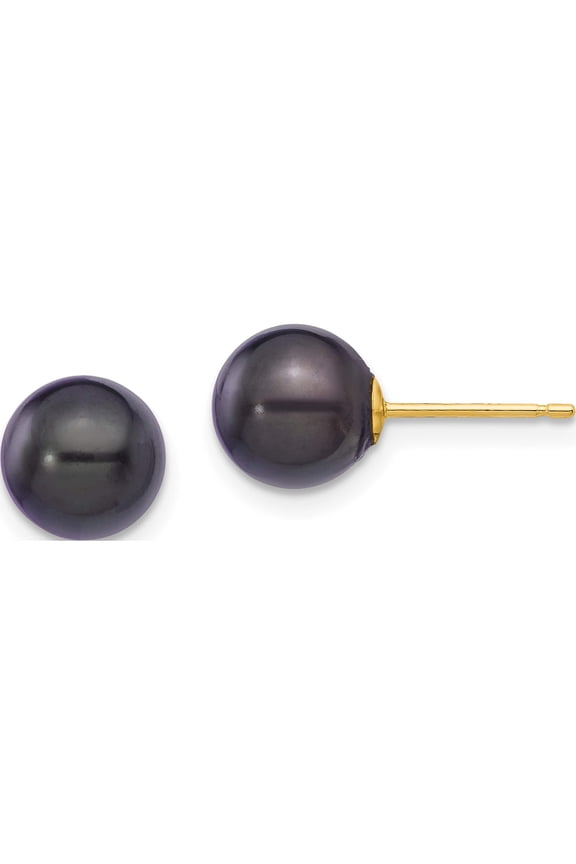 14K Yellow Gold 7-8mm Round Black Saltwater Akoya Cultured Pearl Stud Post Earrings Made In Canada xf329e