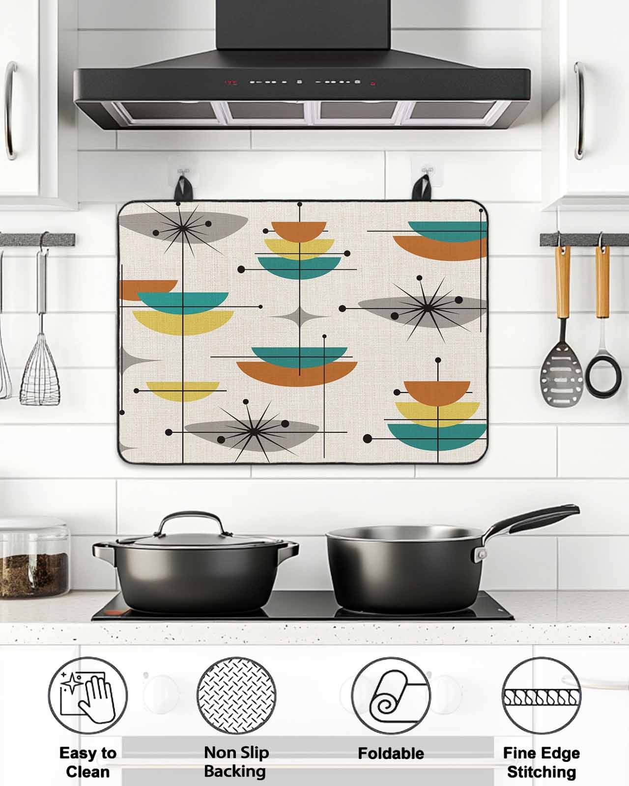 Stove Top Covers for Electric Stove, Boho Teal Yellow Orange Grey Glass Stovetop Cover Protector, Middle Century Geometric Induction Cooktop Protector Oven Mat for Kitchen Countertop 24"x21"