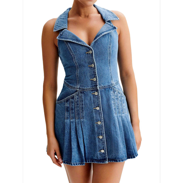 Robes en Denim Sans Manches pour Femmes Chic à Simple Boutonnage Ourlet à Volants Robe Longueur Mini Bleu m