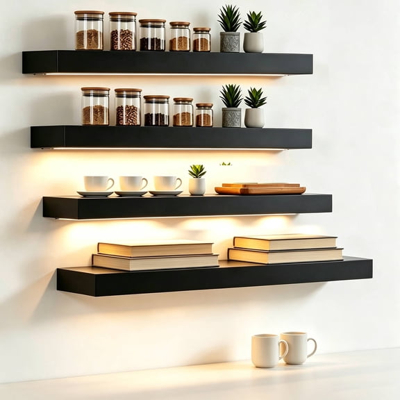 4Pcs Floating Shelves with Lights for Wall,15.75''Wall Mounted Wood Shelves for Bookshelves, Storage/Decor with Brackets(Black)