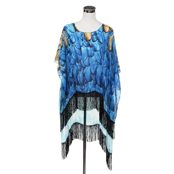 TrendsBlue Feather Chiffon Sheer Fringe Kimono Wrap Poncho Blouse Beach Cover Up