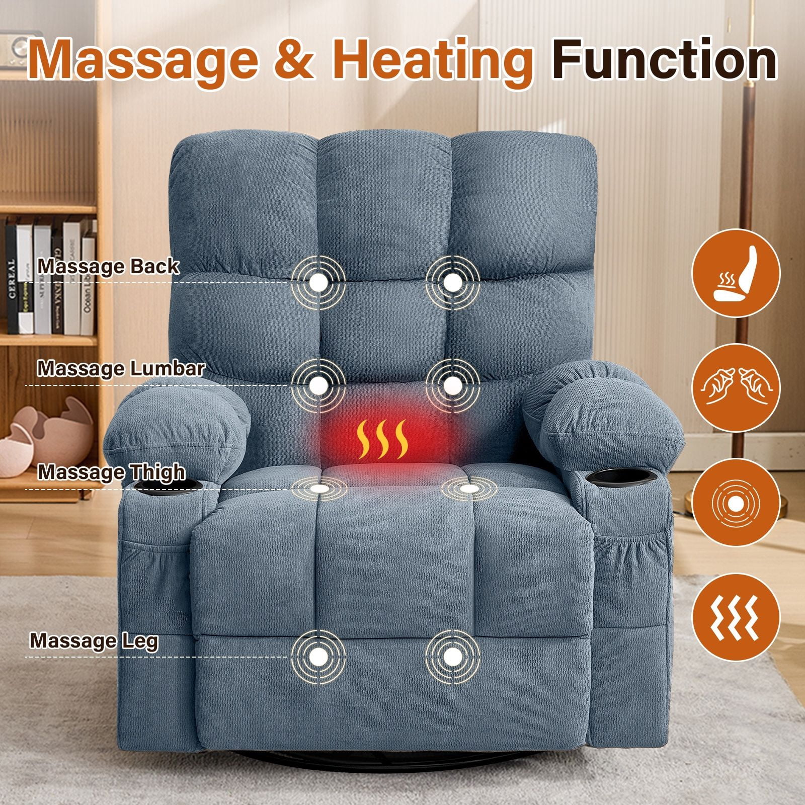 Alvantor Swivel Rocker Recliner Chair with Massage & Heat Single Rocker Sofa with Cup Holders for Bedroom Home Theater Blue