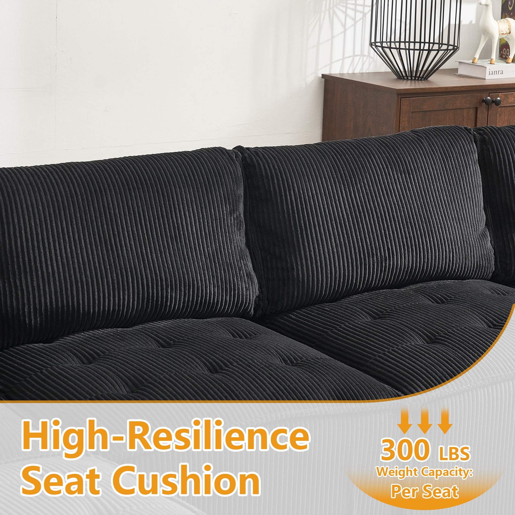 MOONMISS U-Shaped Corduroy Upholstered 6-Seat Convertible Modular Sectional Sofa Fit for Living Room-Black