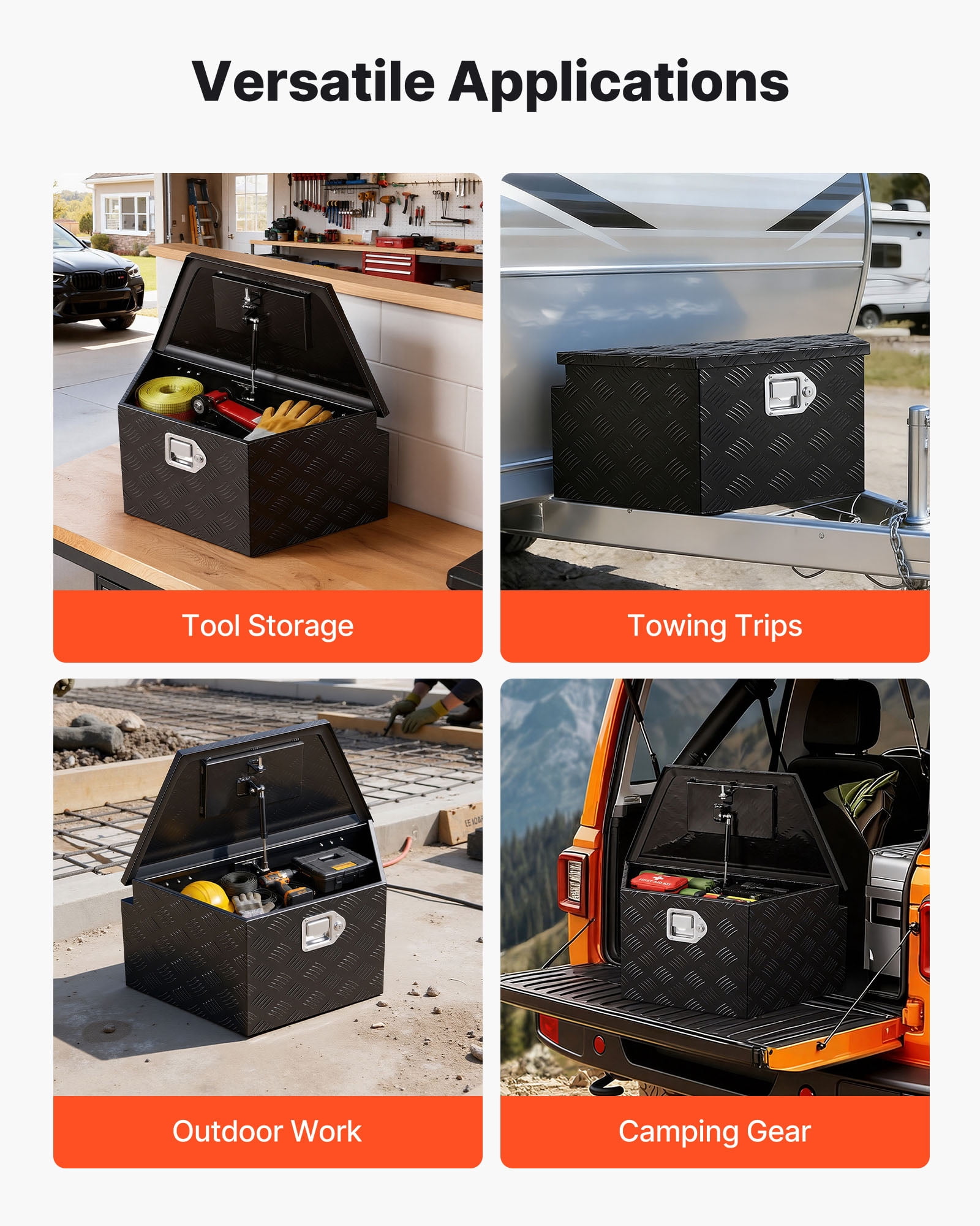 VEVOR Trailer Tongue Box, 26" x 13" x 12" Aluminum Trailer Tongue Tool Box, Heavy Duty Storage Organizer with Lock and Keys, Utility Tool Chest for Pickup Truck Bed, RV, SUV, Off-Road Vehicle, Black