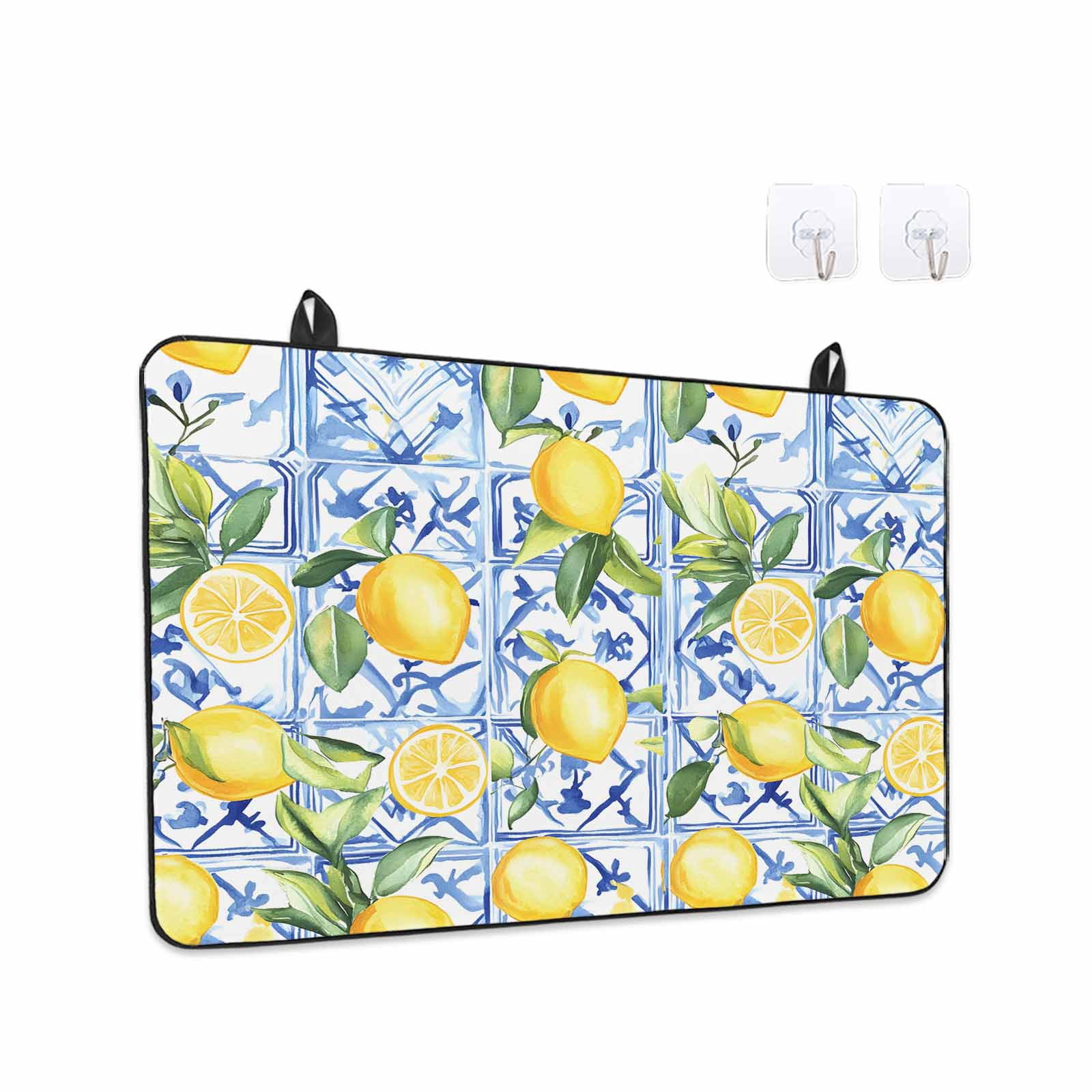 Yellow Lemon Stove Top Cover for Electric Stove, Heat-proof & Non Slip Glass Top Stove Cover Protector, Botanical Spring Leaves Abstract Blue Tile Kitchen Flat Cooktop Rubber Mat 24x21 Inches