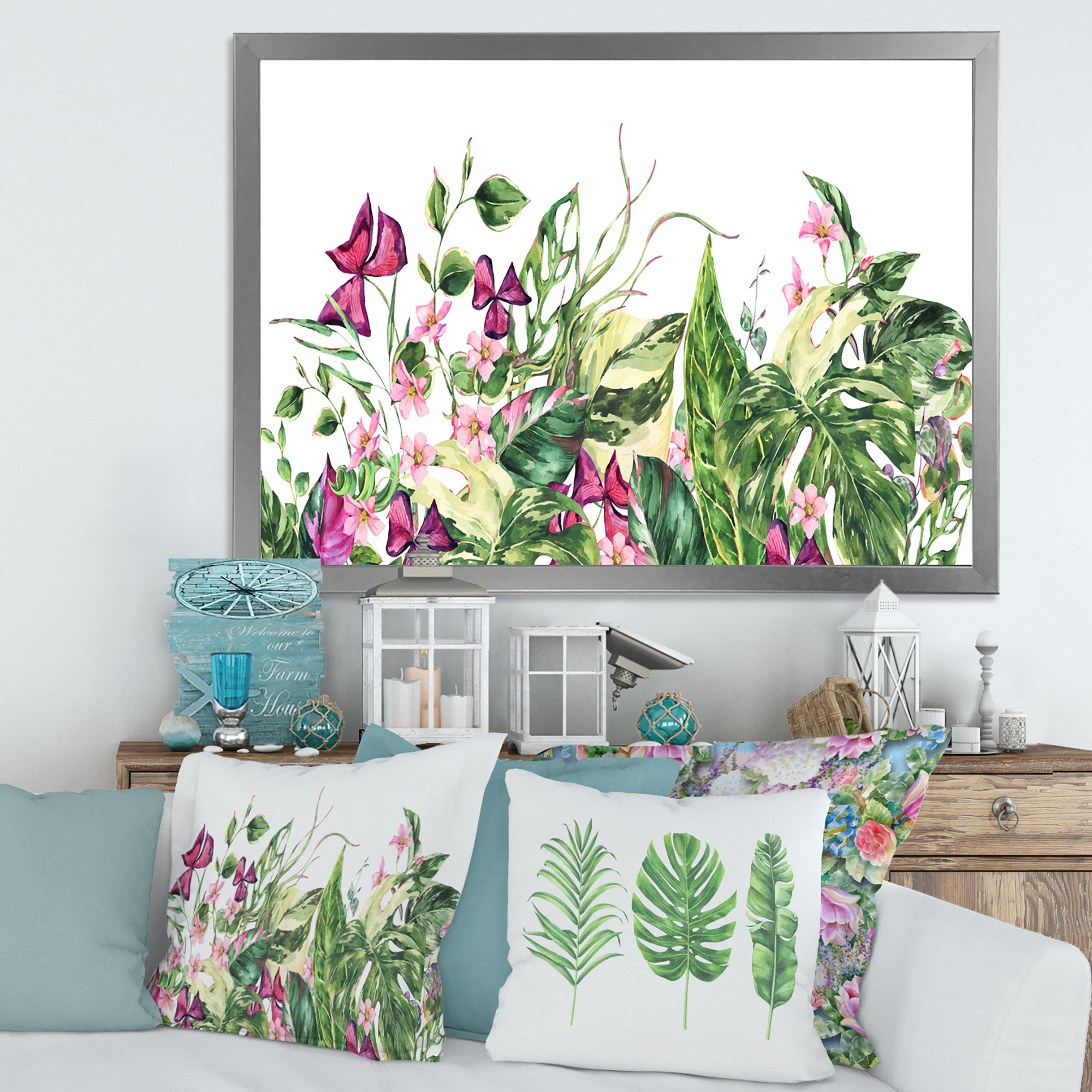 Designart 'Ancient Floral Tropical Leaves I' Tropical Framed Art Print