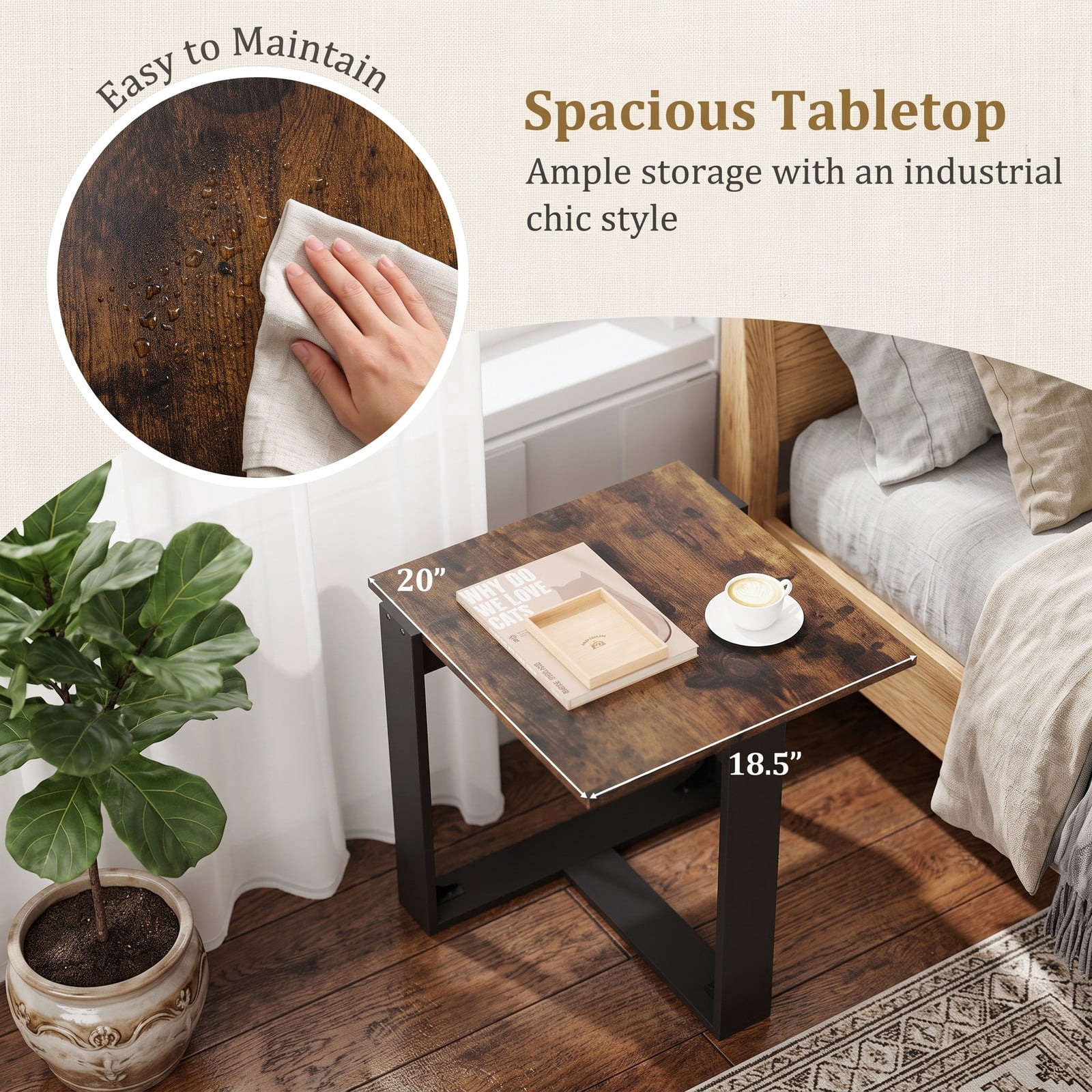 Furnibear Industrial Sofa End Table with Metal Frame, Wood Side Table Nightstand with T-Shaped Base for Living Room Bedroom, Space-Saving Media, Rustic Brown & Black
