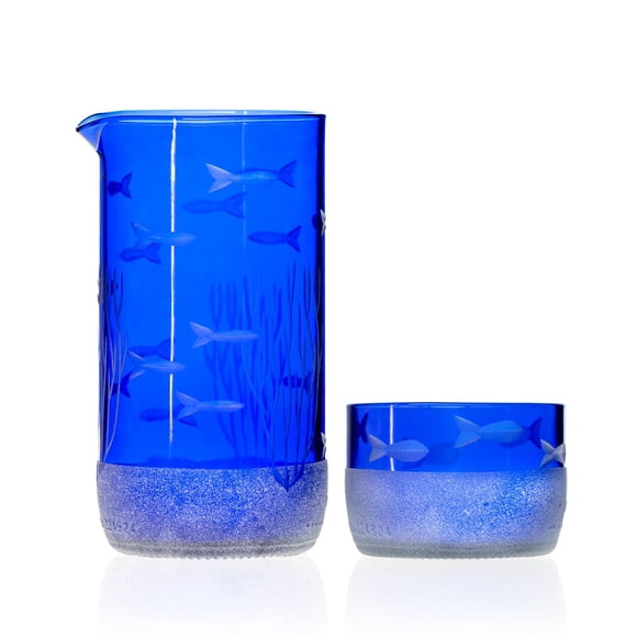 Set de jarra y minisorbo Rolf Glass School of Fish Blue