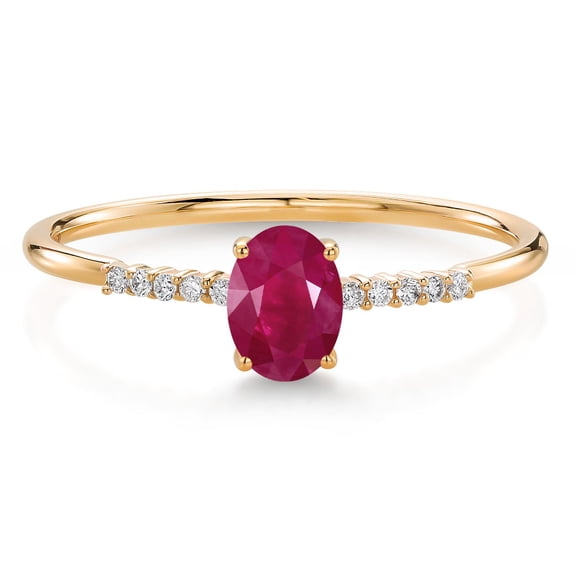 Gem Stone King 10K Yellow Gold Oval Red Ruby and White Lab Grown Diamond Engagement Ring for Women (0.65 Cttw, Oval 6X4MM, Gemstone July Birthstone, Available in Size 5, 6, 7, 8, 9)
