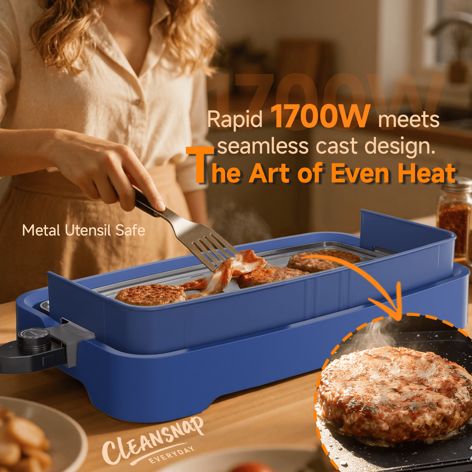 SENSCHEF Cleansnap Everyday 20 inch Electric Griddle, 1700W Rapid Heating, Foldable Anti-Mess Shield, PPG Ceramic Nonstick, Dishwasher Safe, Ocean Blue