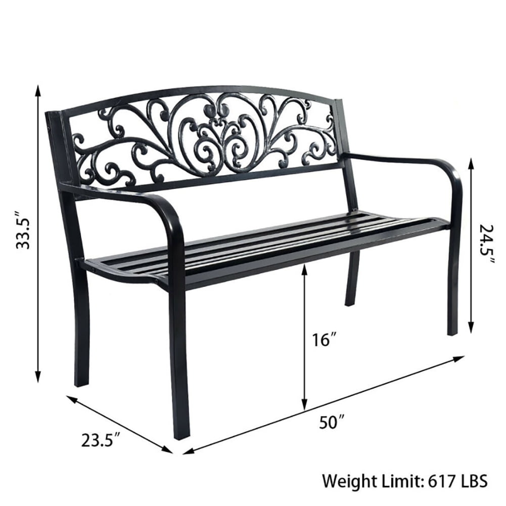 Aimee Lii 50 Inch Patio Park Steel Frame Cast Iron Backrest Bench Porch Chair, Outdoor Patio Furniture