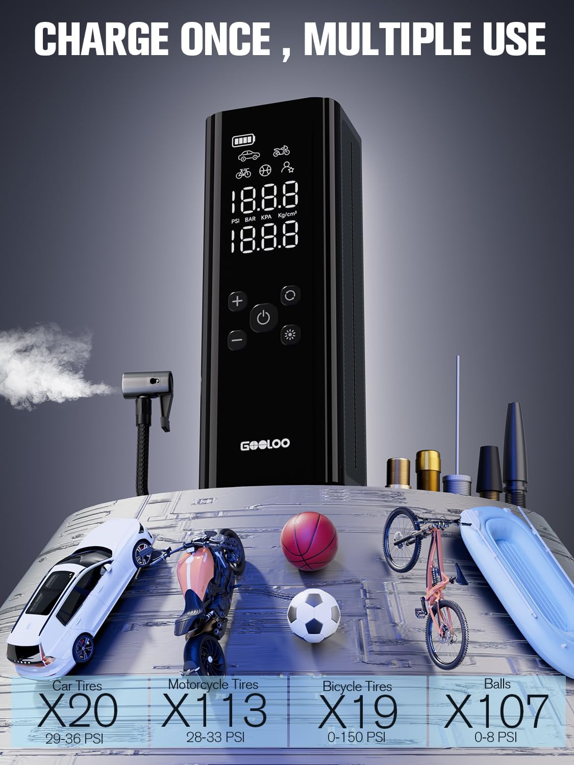 GOOLOO GT150 Cordless Tire Inflator, 7500mAh 150 PSI Air Compressor, Digital Pressure Gauge, Auto Shut-Off, Emergency LED Light, Compact Air Pump for Car & Bike