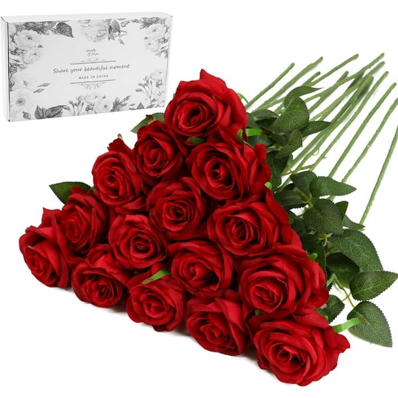 Red Fake Roses Artificial Flowers - Fake Artificial Roses Silk Flowers with Stems for Home Wedding Hotel Office Centerpiece Decor(Red)