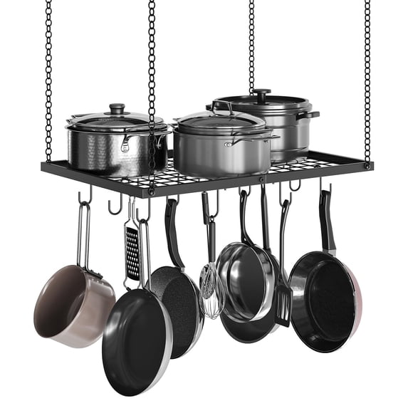 Hanging Pot Rack, Ceiling Mounted Pot Hanger for Kitchen, Metal Cookware Storage Organizer with 12 Hooks, for Storage of Cookware, Utensils in Kitchen, Black TPR03BB