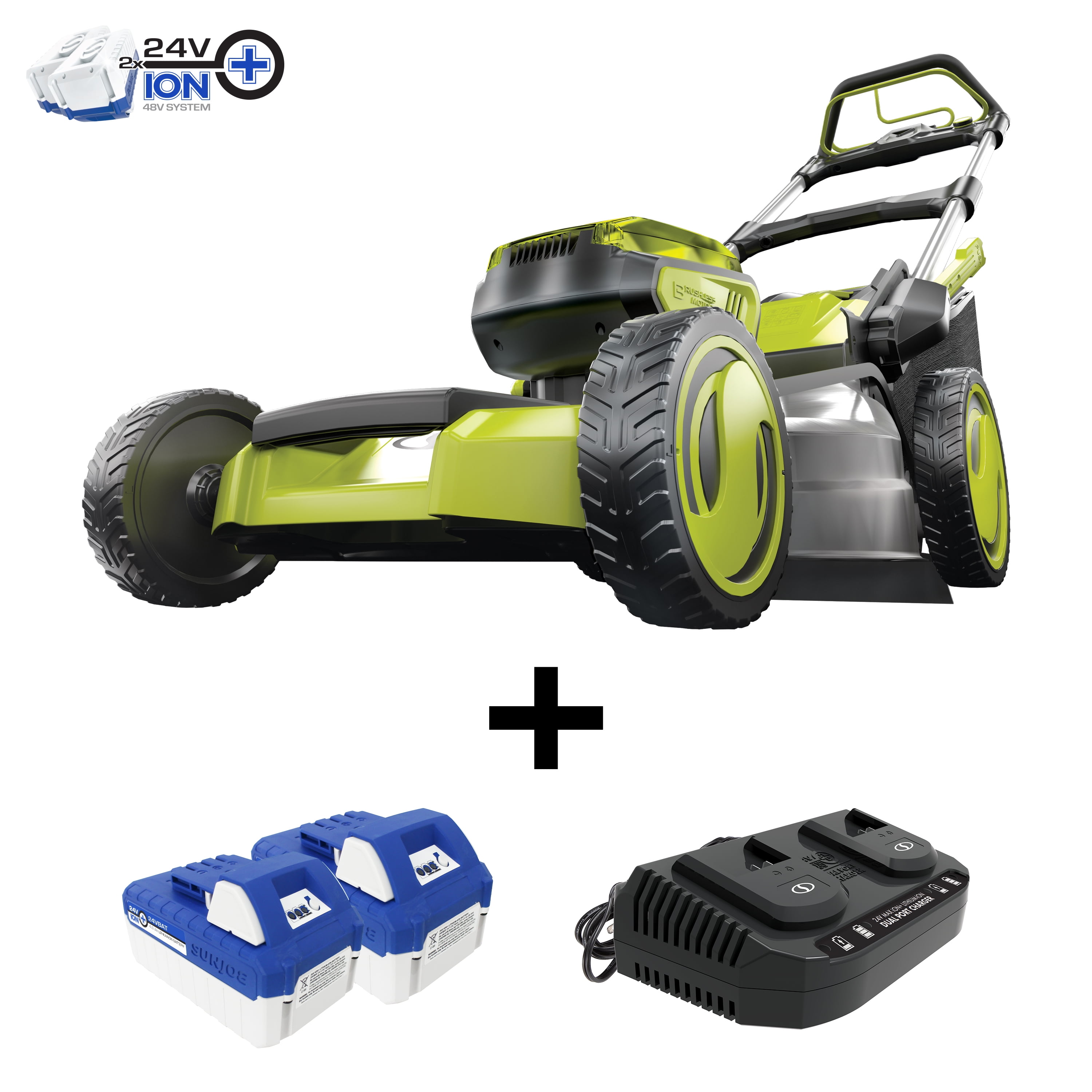 Sun Joe 24V-X2-16LM 48-Volt iON+ Cordless Brushless Lawn Mower Kit Dual Port Charger & 12-Gallon Collection Bag One Touch 6-Position Height Adjustment Comfort Grip 16-Inch W/ 4.0-Ah Battery 
