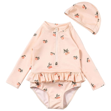 Zshosam Newborn Swimsuit Girl Newborn Toddler Baby Girl Swimsuit Bathing Suit Long Sleeve Rash Guard Cute Swimwear with Hat Size 5T 6T (Light Pink 5-6 Years)