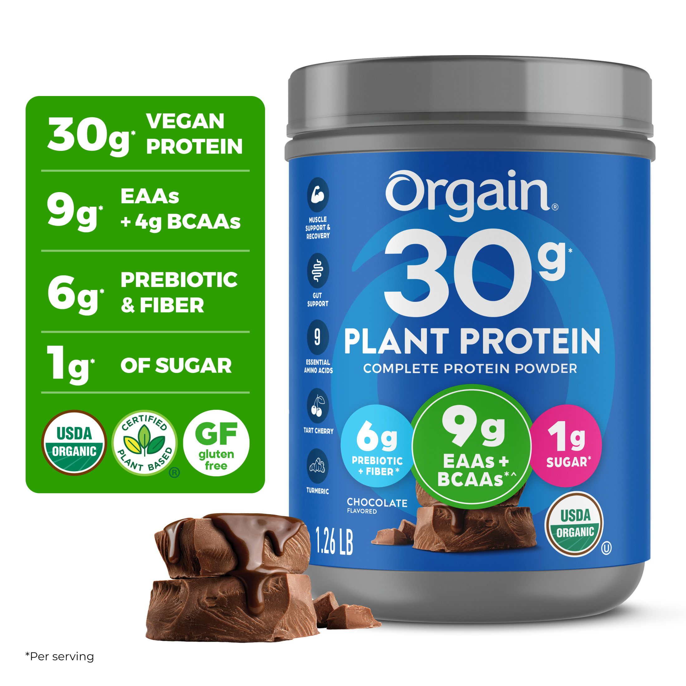 Orgain Organic Vegan 30g High Protein Powder, Plant Based Shake Drink, Prebiotic Fiber, Chocolate, 1.26lb