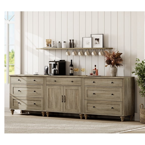 WAMPAT 101 Inch Wash Grey Buffet Sideboard Cabinet, Vintage Wood Grain Farmhouse Coffee Bar with 7 Drawers & 2 Doors, Storage Console for Dining Room, Kitchen, Living Room
