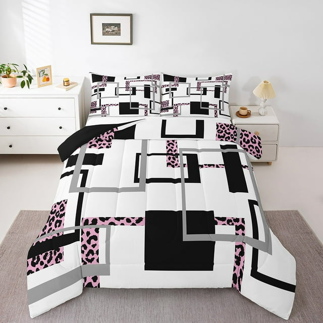 YST Ensemble de Douillette Moderne Pleine Grandeur, Literie Rayée Mi-Siècle pour Filles Femmes, Ensembles de Literie à Motif Léopard Abstrait, Courtepointe Réversible Artistique avec 2 Taies d'Oreiller
