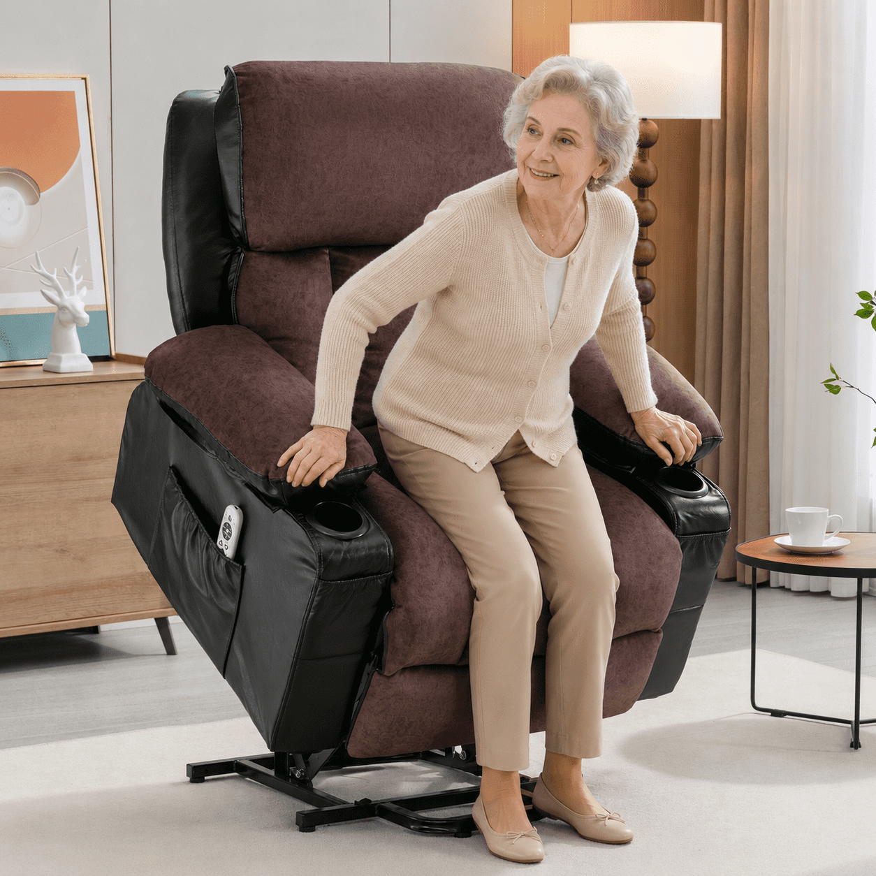 Lift Recliner Chair, LEGAHOME Electric Power Lift Recliner for Elderly with Heat Therapy and Massage, Oversized PU Leather Recliner Chair with Cup Holders, USB Port, Side Pocketst, Black & Brown