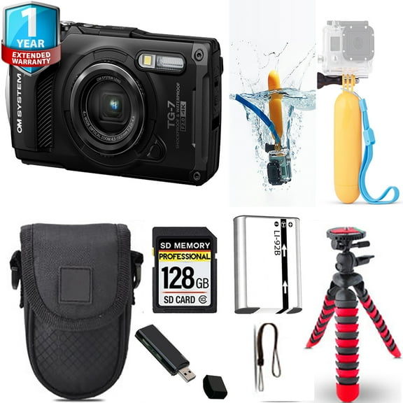 Olympus OM SYSTEM Tough TG-7 Digital Camera (Black)   Floating Hand Grip    Spider Tripod   Case  1 Yr Warranty (International Version)