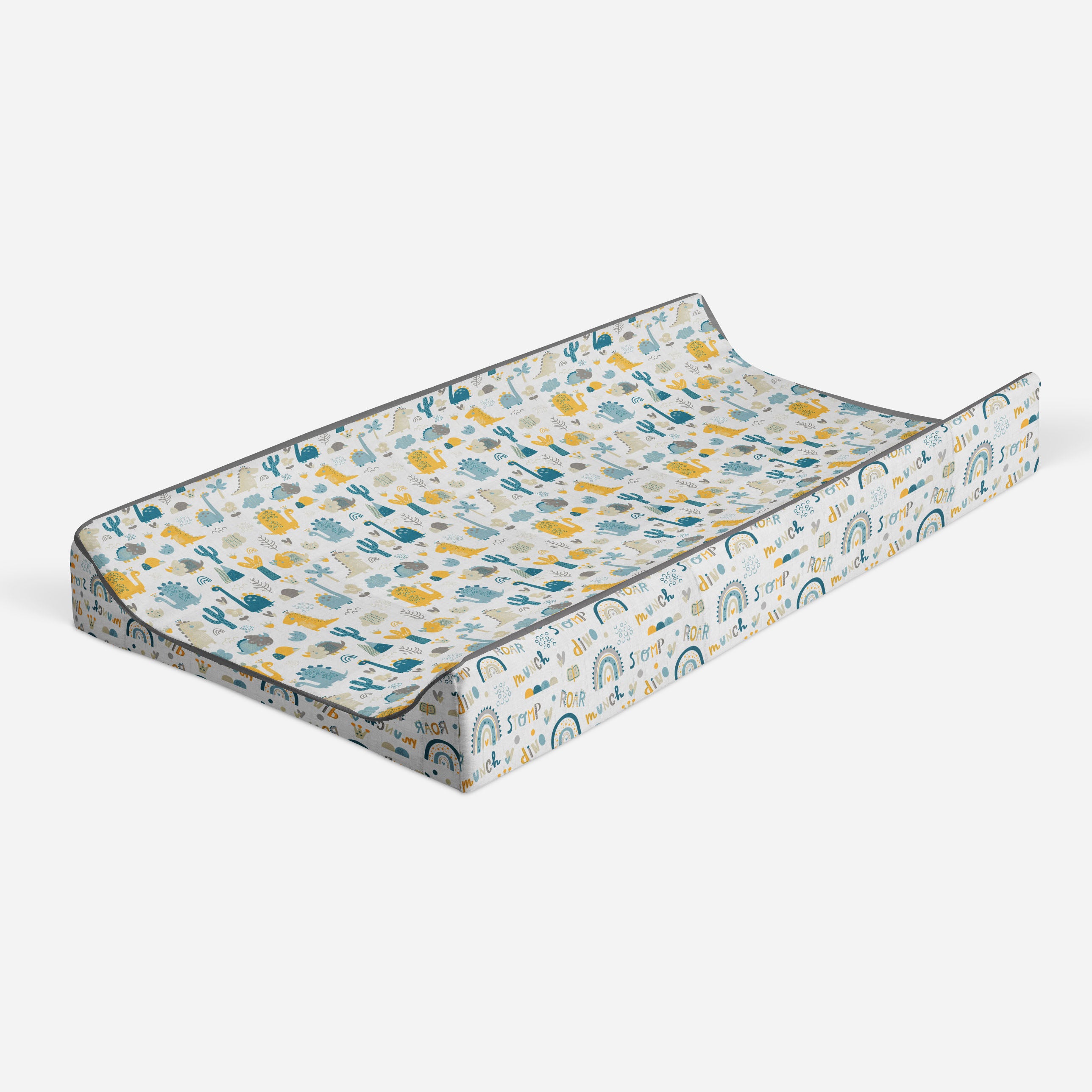 Bacati - Muslin Quilted Changing Pad Cover, Little Dino Boys Aqua/Teal/Yellow/Gray