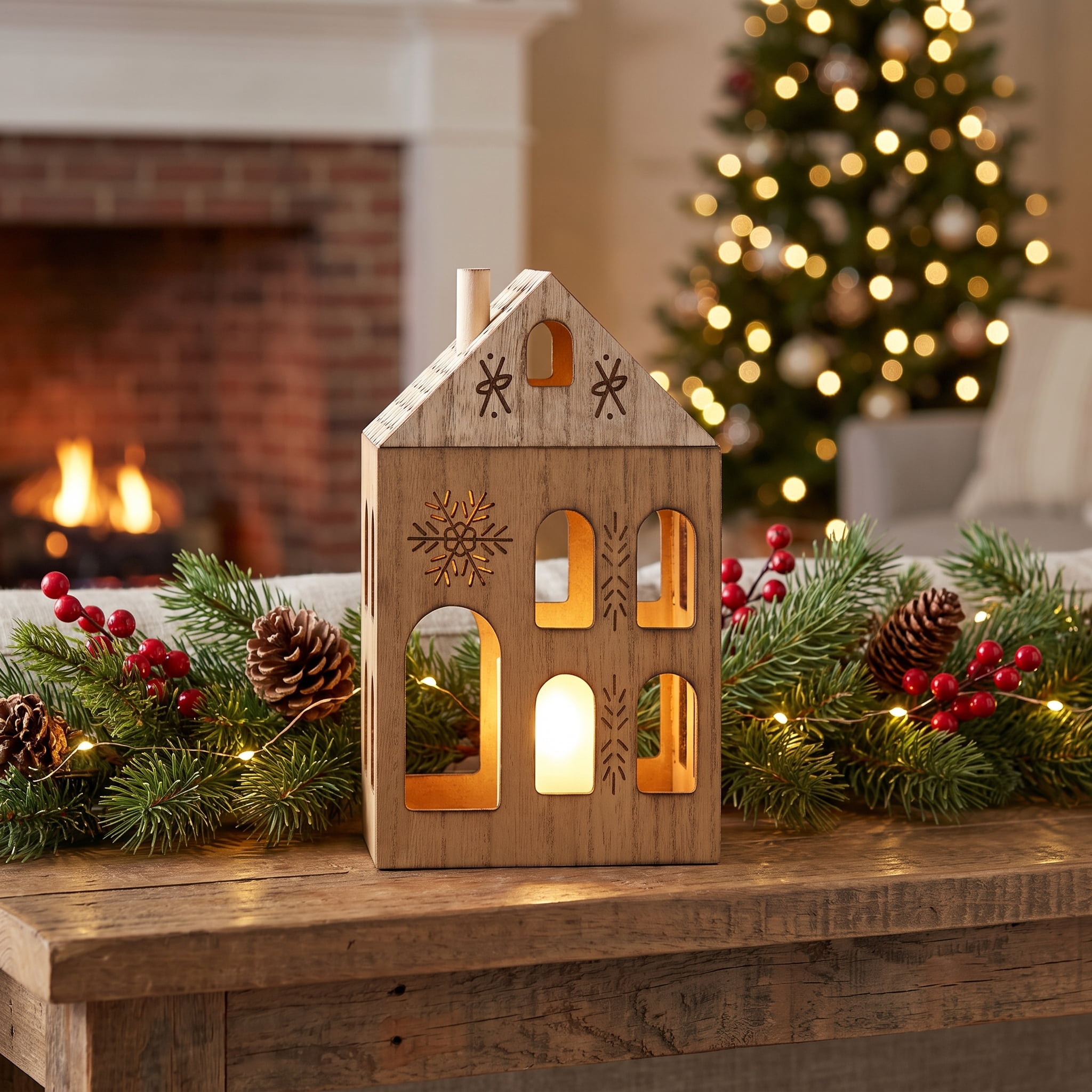 Large Wood House Christmas Decoration, Brown, 9", by Holiday Time