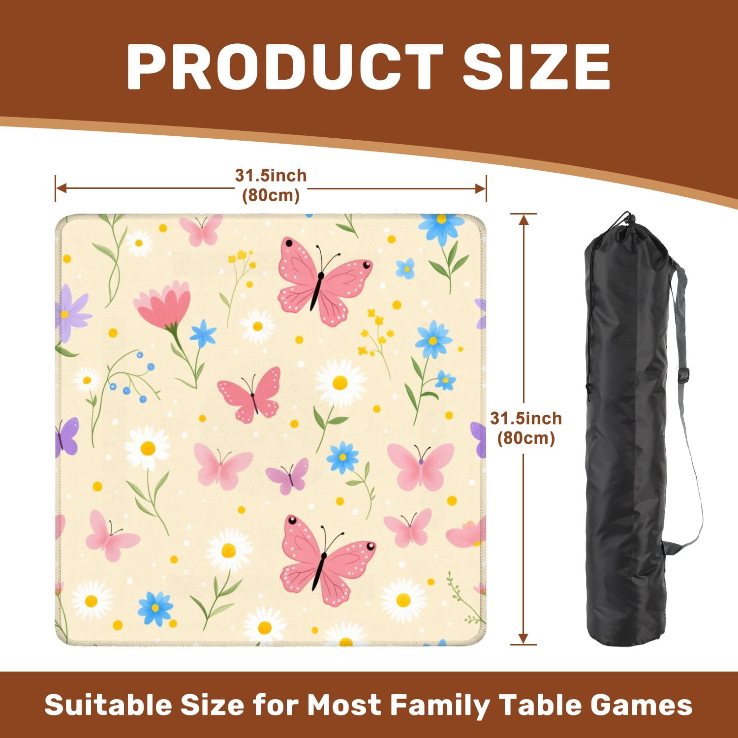 Mahjong Mat 31.5" x 31.5" Pink Purple Butterflies Colorful Flowers Light Non-Slip Noise Reduction American Mahjong Tiles Table Cover for Dominoes Poker Card Board Games Gift