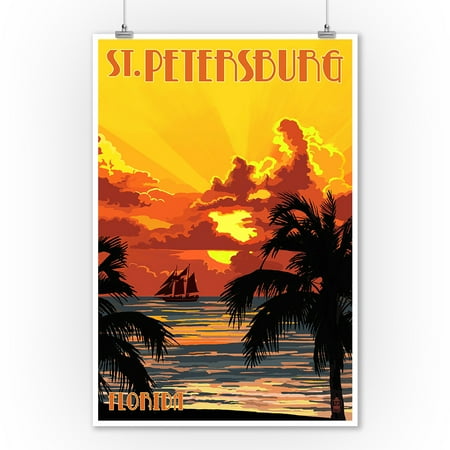 St Petersburg Tag Office St. Petersburg, Florida - Sunset & Ship - Lantern Press Poster (9x12 Art Print, Wall Decor Travel Poster) ()