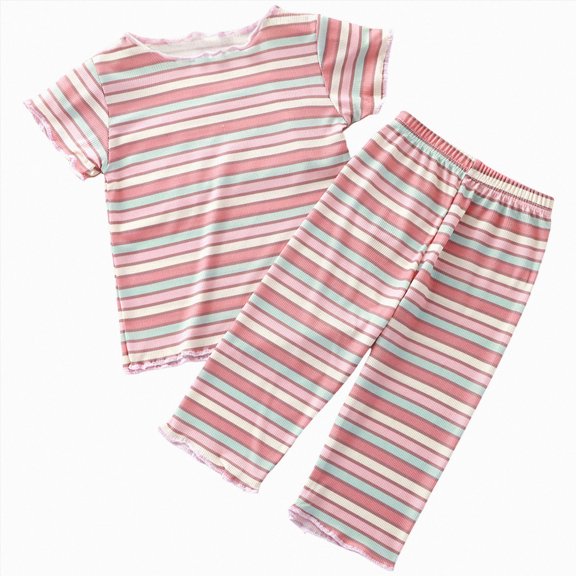 NIEWTR Kids Toddler Summer Outfit 2-Piece Short Sleeve Round Neck Tee Paired with Stretchy Shorts Breathable Pajamas Gift Set for 3T 4T 5T(A-Pink,5-6 Years)