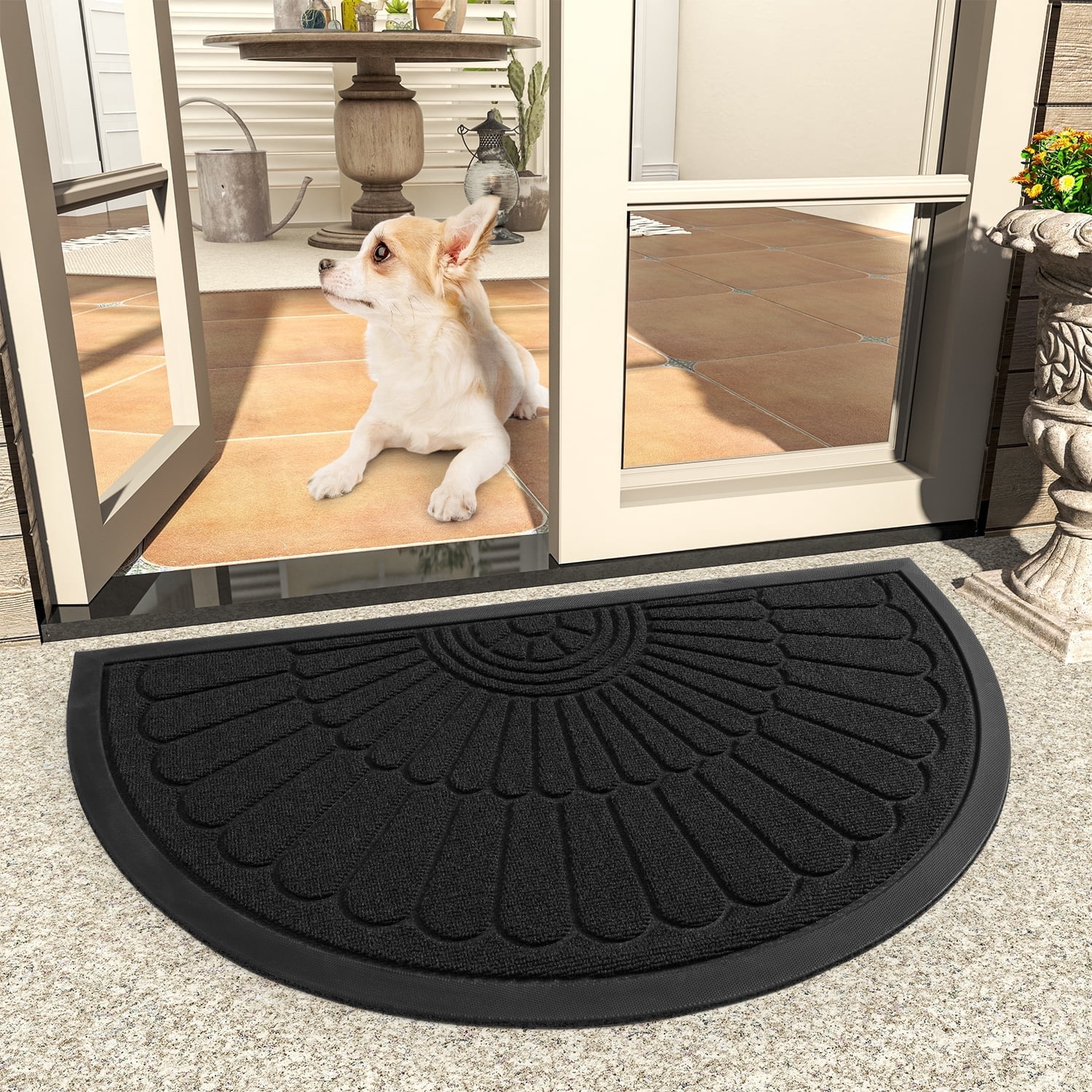 VUNATE Door Mat Outside Indoor Doormat Non Slip Rubber Welcome Mat Outdoor Mat for Front Door Entrance Absorbent Dirt Trapper Floor Mats for Home Low Profile Entry Rug Half Round 24"x35" Black