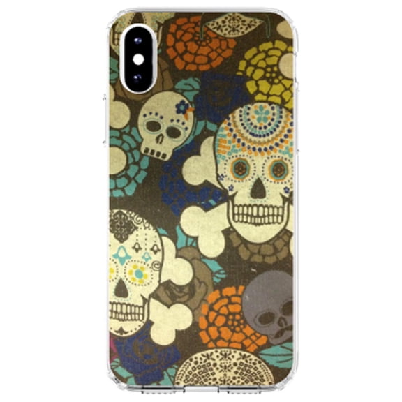 DistinctInk Clear Shockproof Hybrid Case for iPhone X / XS (5.8" Screen) - TPU Bumper, Acrylic Back, Tempered Glass Screen Protector - Sugar Skulls Green Orange