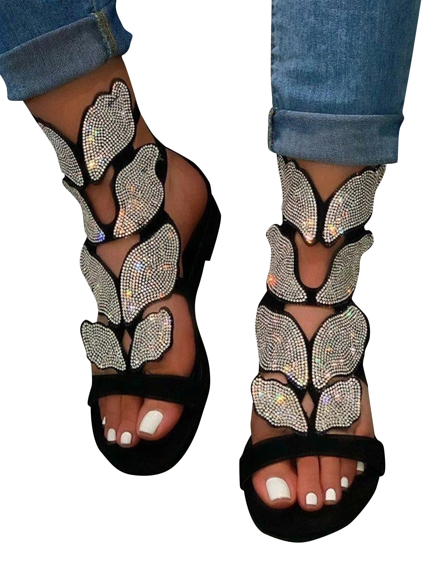 New Womens Ladies Diamante Flat Summer Sandal Flip Flops Beach Wedge Jelly Shoes 