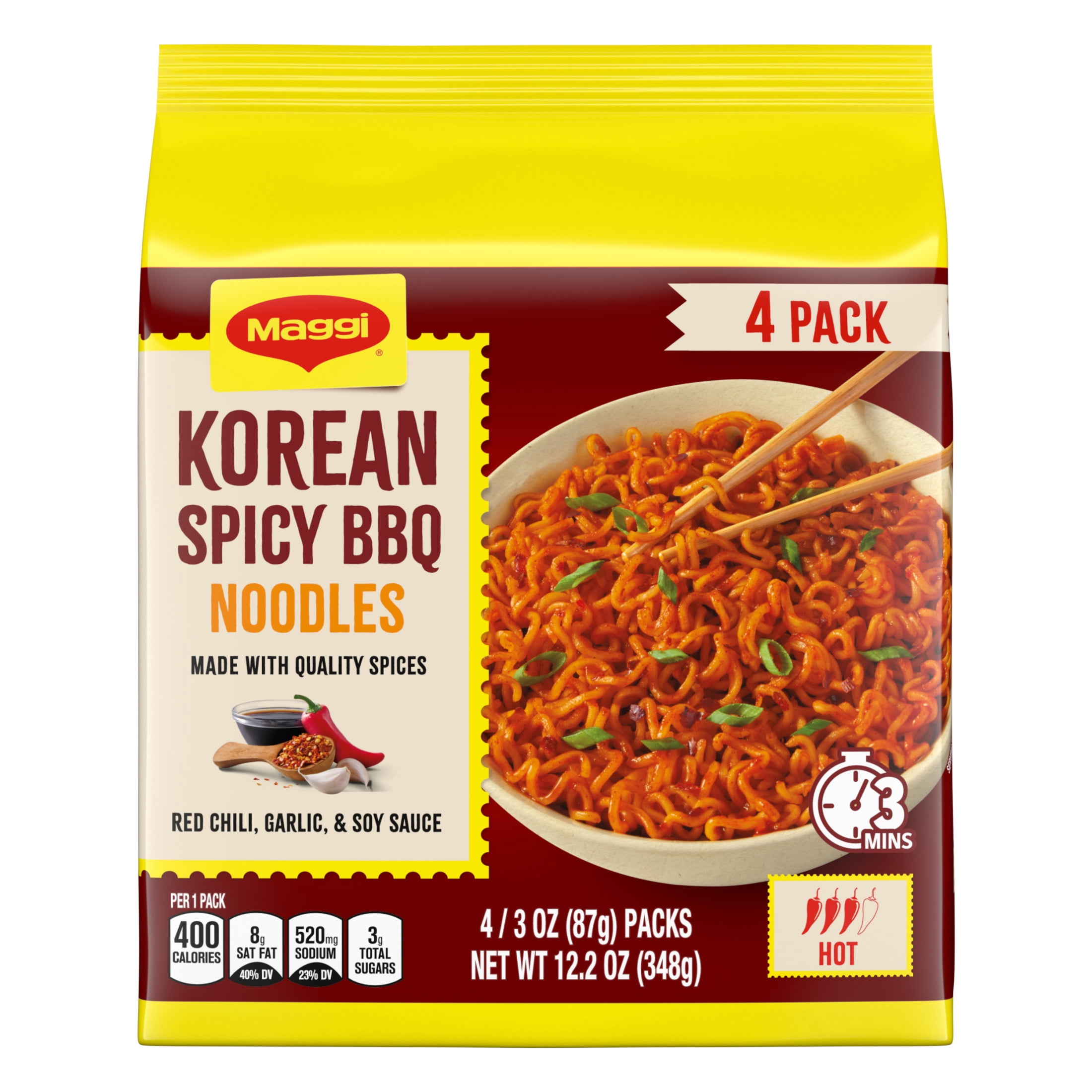 (3 pack) Maggi Korean Spicy BBQ Noodles, Korean Instant Noodles, 3 min, Spicy Ramen, 4PK 12.2 oz