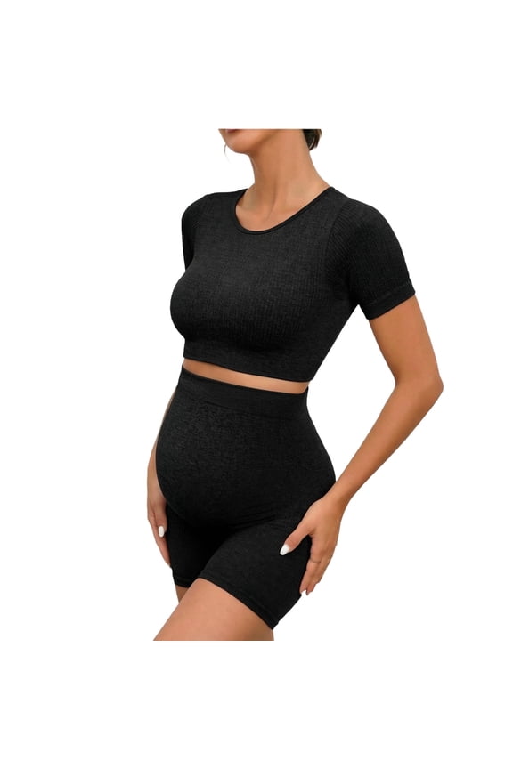2 Piece Sets for Women Summer Pregnant Workout Yoga Maternity Outfits Short Sleeve Top and Leggings Shorts (M, Black)